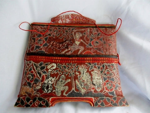 Vintage Handmade Painted Wicker Basket Asian Shoulder Bag Purse RED BLACK WOOD