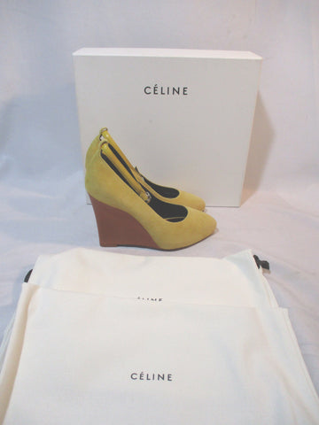CELINE PARIS YELLOW WEDGE PUMP Shoe 37 Suede CAMEL Leather Italy Womens