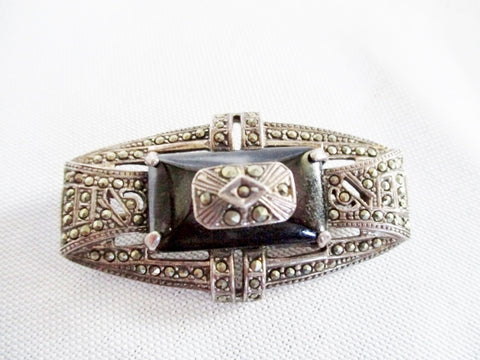 SIGNED 925 STERLING SILVER BROOCH PIN MARCASITE ONYX BLACK 17g Noveau Deco Jewelry