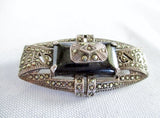 SIGNED 925 STERLING SILVER BROOCH PIN MARCASITE ONYX BLACK 17g Noveau Deco Jewelry