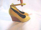 CELINE PARIS YELLOW WEDGE PUMP Shoe 37 Suede CAMEL Leather Italy Womens