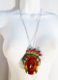 Vintage 25" CARVED WOMAN Painted WOOD Kitsch Charm Hippie Necklace Pendant