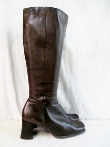 NINE WEST ZARRASO Knee High LEATHER Goth Square Toe BOOT Shoe BROWN 7