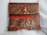 Vintage Handmade Painted Wicker Basket Asian Shoulder Bag Purse RED BLACK WOOD