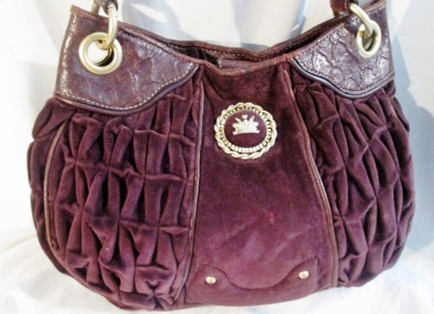 JUICY COUTURE Leather Velvet CROWN hobo purse satchel rouched PURPLE ROYAL L stud