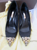 LOUIS VUITTON Satin Pump Shoe Metallic Logo Cap Toe Stud 36 6 BLACK Womens