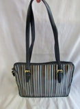 LORD & TAYLOR Striped Leather Tote Shoulder Bag Satchel Carryall GRAY BLACK BROWN