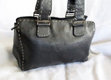 ASHNEIL Leather Satchel Purse Shoulder Bag Tote Silver BLACK Stitch Pebbled
