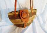 Woven Leather Basket Tote Satchel Shoulder Market Bucket Bag BROWN GIRAFFE NATURAL