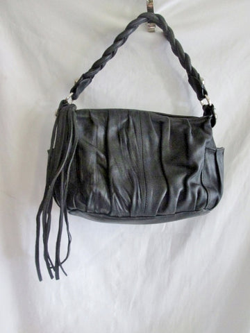 STACCATO leather hobo satchel shoulder rouched bag clutch BLACK M Fringe Tassle