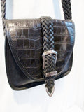 BRIGHTON Leather Croc Signature Shoulder Bag Crossbody Purse BLACK HEART M