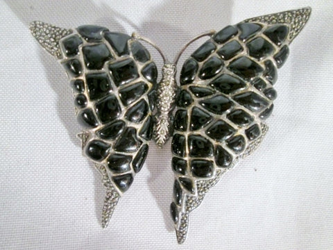 925 STERLING SILVER BUTTERFLY MOTH INSECT BROOCH PIN MARCASITE ONYX 46g BLACK