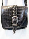 BRIGHTON Leather Croc Signature Shoulder Bag Crossbody Purse BLACK HEART M