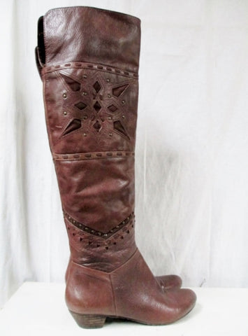 Womens NINE WEST Leather Riding Cut Out Stud Boot Shoe 7.5 BROWN Boho Indie