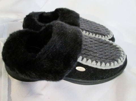 NEW Womens ACORN Plush Faux Fur Knit Clog Moc Slippers Slides 8 BLACK GRAY