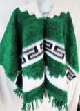 EUC Mens Womens Blanket Poncho Vest Ethnic WHITE GREEN Fringe OS FLEECE
