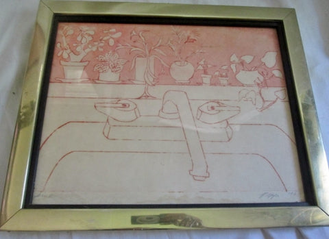 Vintage 1969 SIGNED PEPPI / PIPPI "THE SINK" LITHOGRAPH Frame Picture ART PINK WHITE