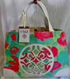 NEW CMZ Vegan Satchel TOTE Bag Shoulder Bag Carryall Floral L PINK GREEN WHITE