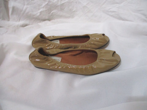 LANVIN Peep Toe Patent Leather Classic Ballet Flat Shoe 36.5 Slipper BEIGE