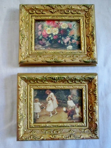 Vintage Set 2 Lot Gilt Frame Child Girl Floral Portrait Picture Print ART Nouveau Rococo Deco