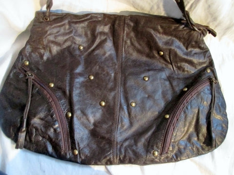 VIFLAN ITALY Leather HOBO stud satchel shoulder bag BROWN Pockets Boho Hippie