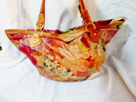 MAURIZIO TAIUTI ITALY Leather Shoulder Bag Tote Handbag FLORAL BROWN  MULTI CARRYALL