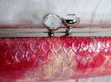 NEW NWT JN'S GLAZED LEATHER Barrel Zip Pouch Bag Case Clutch Purse PINK SILVER