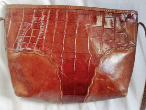 CARLOS FALCHI Leather Croc Patchwork Handbag Crossbody Shoulder Bag BROWN CARAMEL M