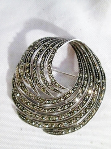 Signed 925 STERLING SILVER Swirly Wave BROOCH PIN MARCASITE Nouveau Deco Tooth