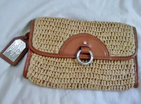 Authentic RALPH LAUREN Woven RAFFIA Leather purse clutch bag COGNAC BROWN