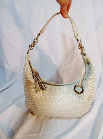 ELLIOTT LUCCA leather woven shoulder handbag purse hobo bag WHITE