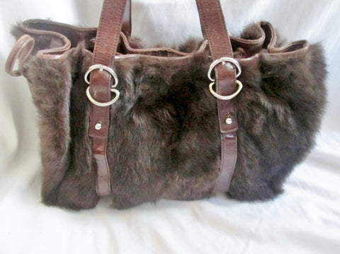 KENNETH COLE RABBIT FUR Leather Purse Tote Satchel Clutch Shoulder Bag BROWN