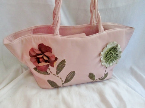PAOLO MASI ITALY Textured LEATHER FLORAL Tote Bag Shopper Carryall PINK Stitched