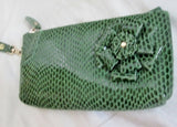 NEW Pebbled PYTHON Floral Leather WALLET Wristlet Change Purse GREEN Boho
