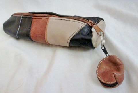 NEW GLOVE LEATHER PATCHWORK Barrel Pouch Bag Coin Purse BLACK BROWN w Mini