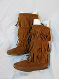 Womens MINNETONKA Tiered Suede Fringe Boot Moccasin Hippy BROWN 8