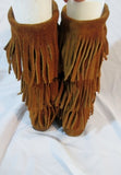 Womens MINNETONKA Tiered Suede Fringe Boot Moccasin Hippy BROWN 8