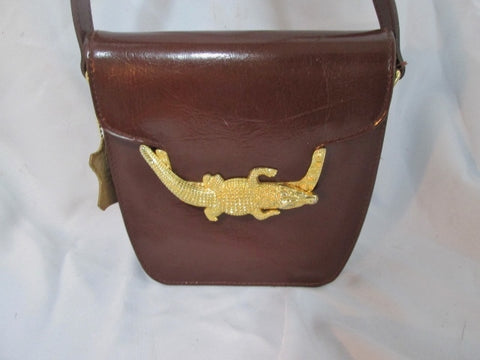 GOLD ALLIGATOR CROCODILE CROC ANIMAL Crossbody Shoulder Bag BROWN Leather