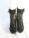 Womens BEBE LEATHER Peep Toe High Heel Ankle Boot Booties 7 BLACK Steampunk