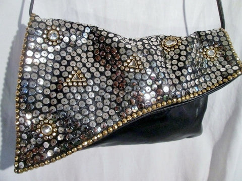 ZA-ZU INC. Sequin Metal Stud Shoulder Flap Bag Purse Messenger Crossbody BLACK Leather Glam
