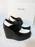 NEW CELINE PARIS Platform Wedge Saddle Shoe Leather 36 6 BLACK WHITE Heel Womens
