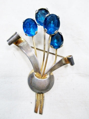 Signed STERLING SILVER BOUQUET FLOWER Jewelry Brooch Pin Pendant BLUE 15g