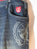 Mens COOGI Embroidered GEOGRAPHY WORLD JEAN Denim PANT 44 x 35 FLAG Colorful