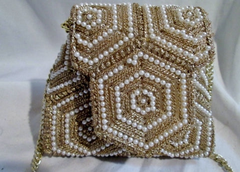 Vtg MAGID Made in Japan Mini Bead Pearl Evening Bag Box Purse Satchel GOLD WHITE