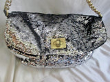 CESCA LONDON vegan sequin satchel shoulder flap bag purse SILVER BLACK L Glam