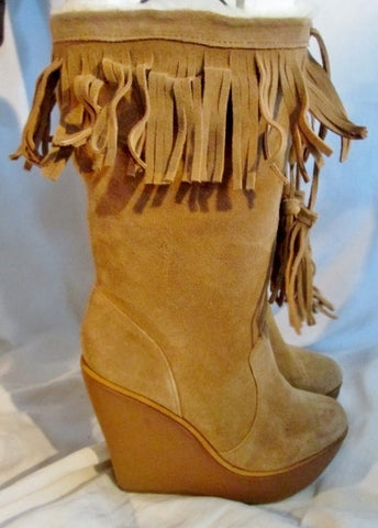 NEW Womens JESSICA SIMPSON Suede Leather Fringe Boots TAUPE BROWN 9.5 Boho Wedge Heel Hippie