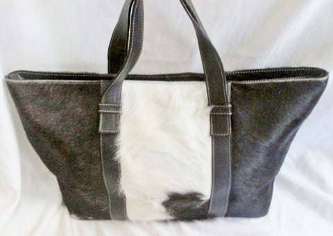 LEATHER PONY COW HAIR FUR BAG Tote Satchel Carryall Purse BLACK WHITE