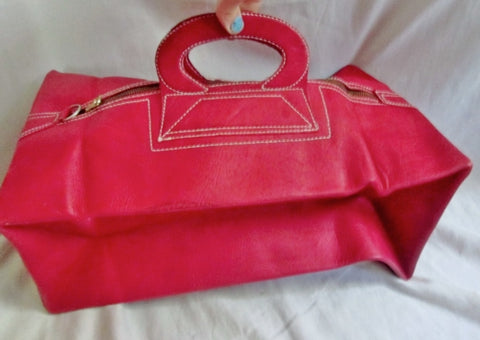 Vtg LEATHER Convertible Travel Duffle Boutique Box Travel Bag clutch RED purse case