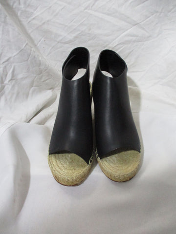 NEW CELINE PARIS High Heel Wedge Leather Moc Shoe 36 BLACK Espadrille