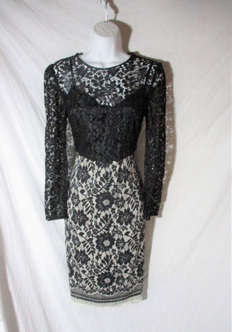 Luxury Lace Lined Silk Dress S BLACK WHITE FLORAL Formal